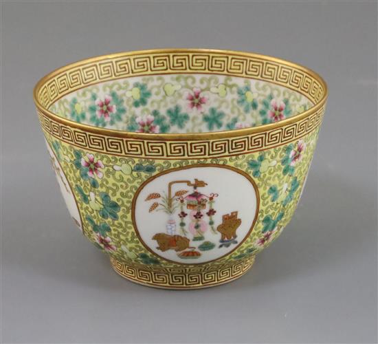 A Chinese yellow ground deep bowl, Tongzhi mark and possibly of the period, D. 13cm